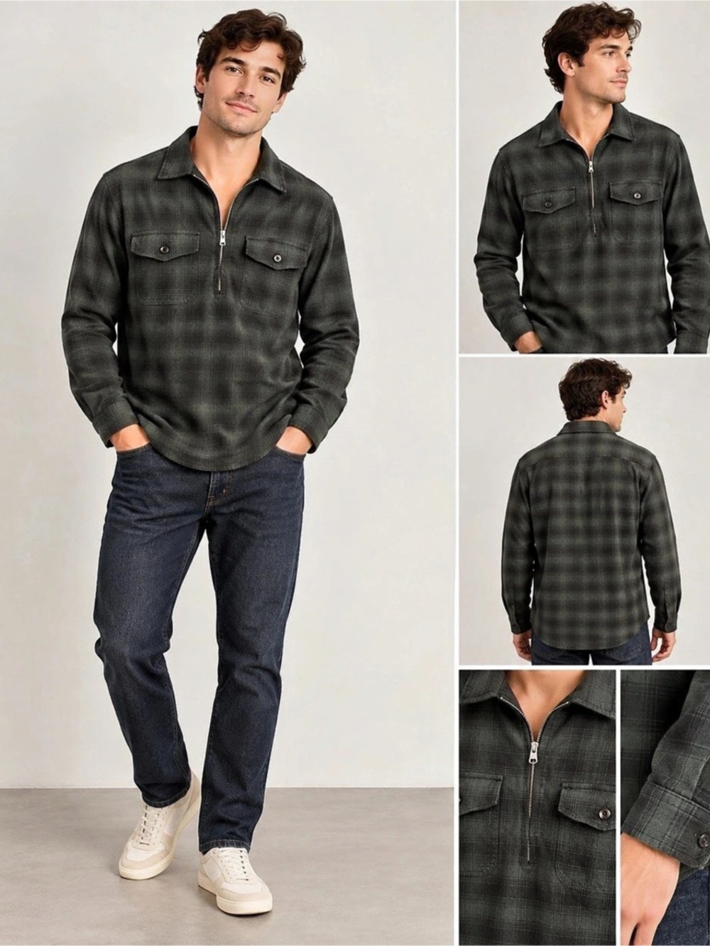 Abercrombie & Fitch Quarter-Zip Plaid Flannel Shirt Men's Green & Black Large